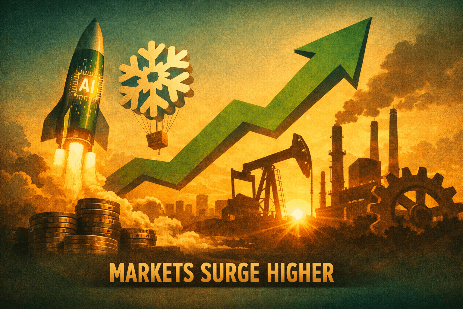 AI-Led Tech Rally and Industrial Strength Drive Stocks Higher; Snowflake Soars 22%